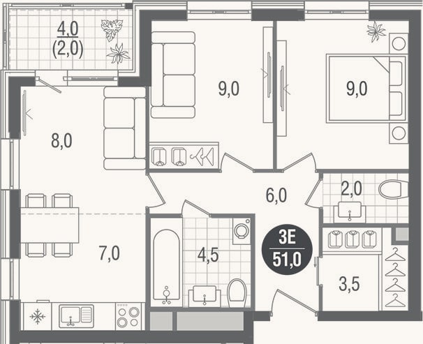 Планировка: 3-к, 49 м²