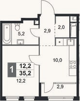 Планировка: 1-к, 32,3 м²