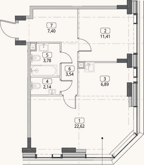Планировка: 2-к, 57,8 м²