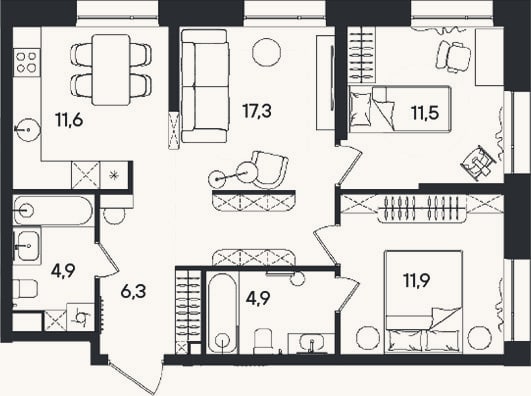 Планировка: 3-к, 68,4 м²