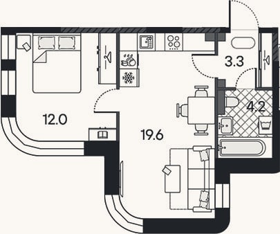 Планировка: 2-к, 39,1 м²
