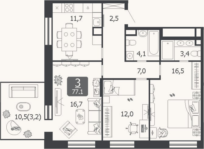 Планировка: 3-к, 73,9 м²