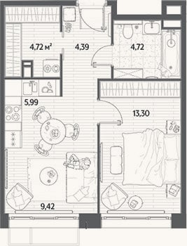 Планировка: 2-к, 42,5 м²