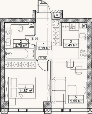 Планировка: 2-к, 37,7 м²