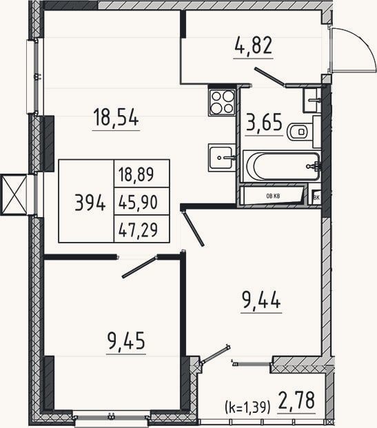 Планировка: 3-к, 45,9 м²