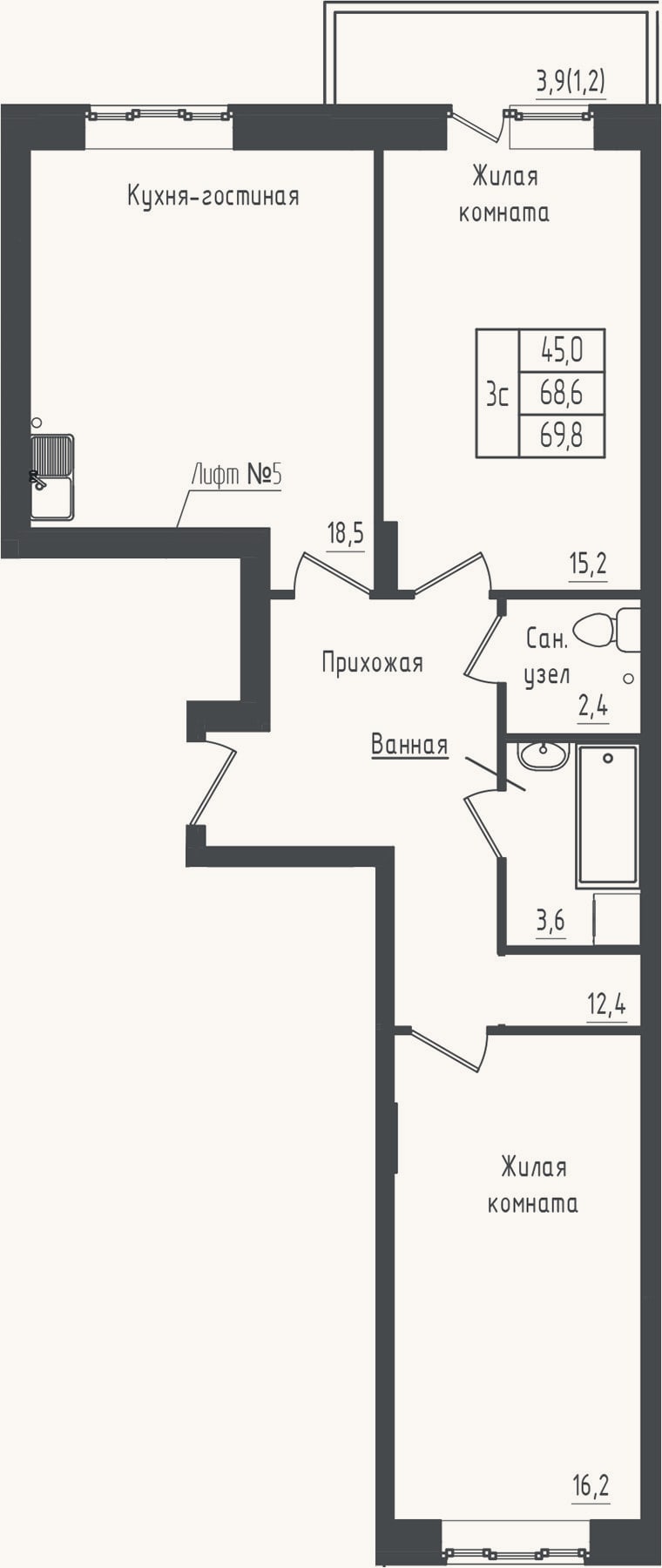 Планировка: 2-к, 68,6 м²