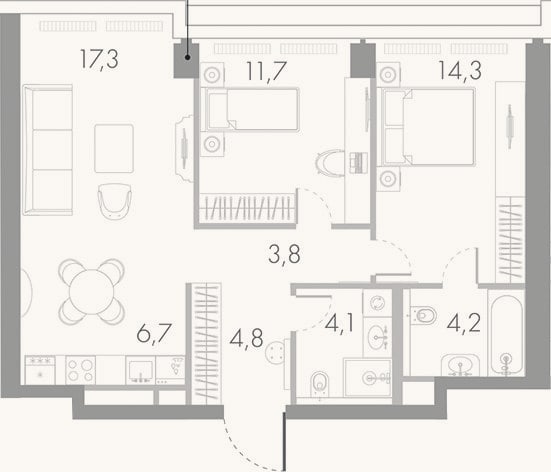 Планировка: 3-к, 66,9 м²