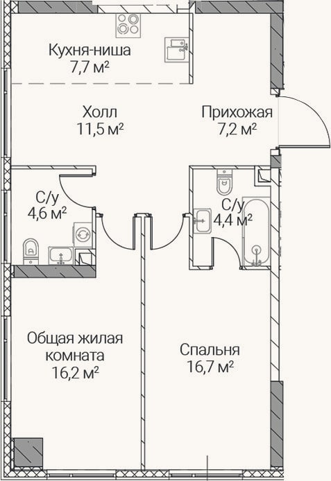 Планировка: 3-к, 68,3 м²