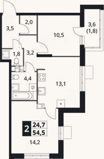 Планировка: 2-к, 52,7 м²