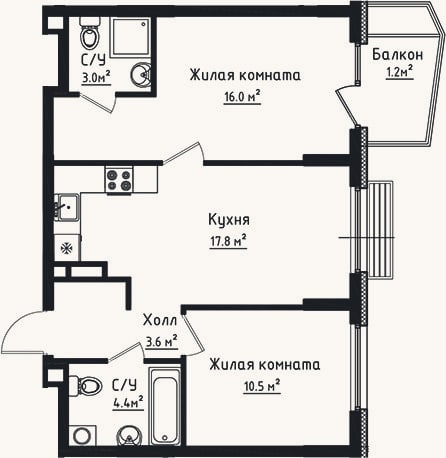 Планировка: 2-к, 55,3 м²
