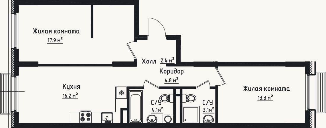 Планировка: 2-к, 61,8 м²