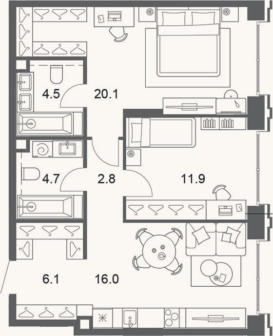 Планировка: 3-к, 66,2 м²