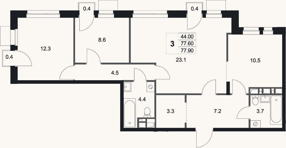 Планировка: 3-к, 77,6 м²