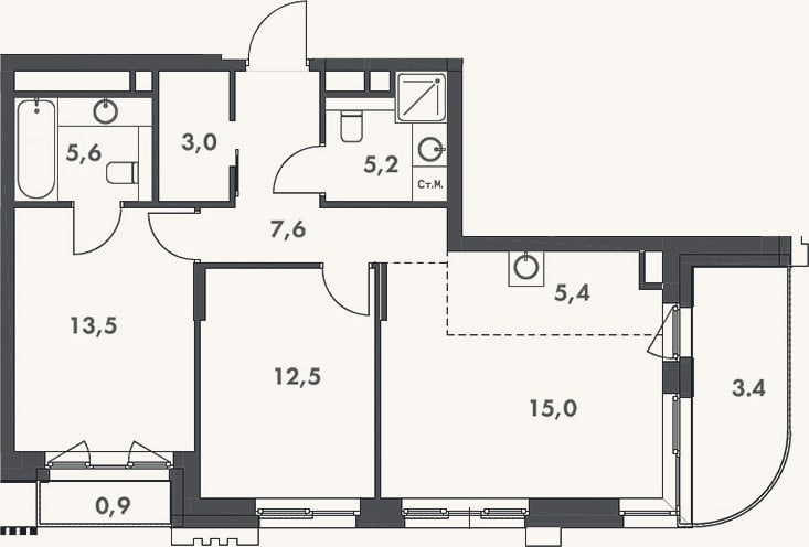 Планировка: 3-к, 67,8 м²