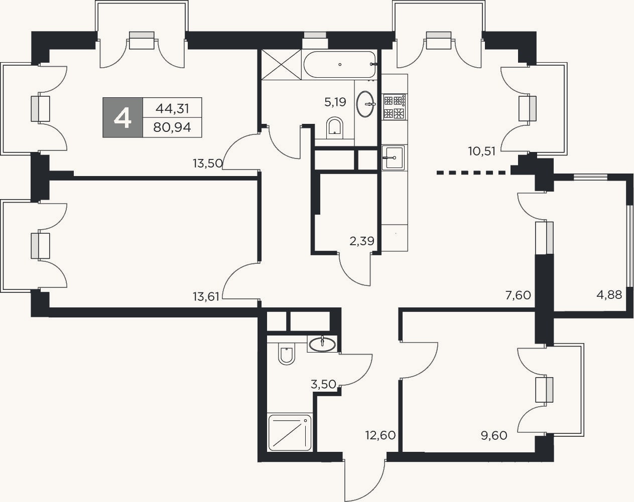 Планировка: 4+ к, 78,5 м²