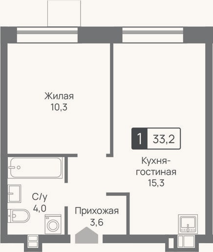 Планировка: 2-к, 33,2 м²