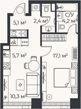 Планировка: 2-к, 44,8 м²