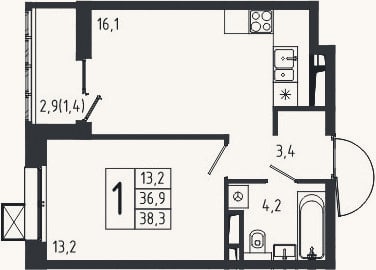Планировка: 1-к, 36,9 м²