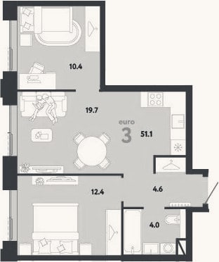 Планировка: 3-к, 51,1 м²