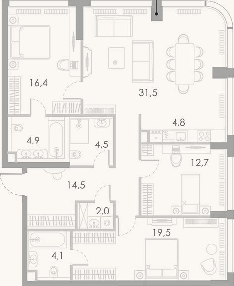 Планировка: 4+ к, 114,9 м²