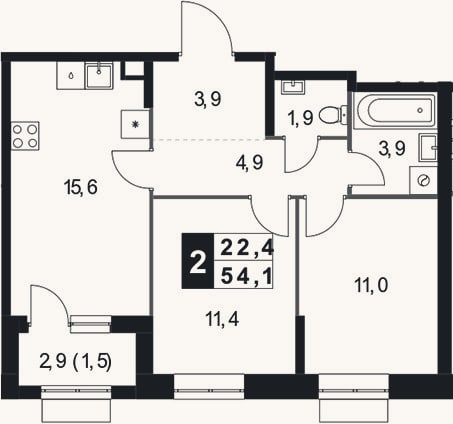Планировка: 2-к, 52,6 м²
