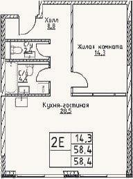 Планировка: 2-к, 58,4 м²