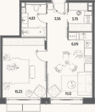 Планировка: 2-к, 44,6 м²