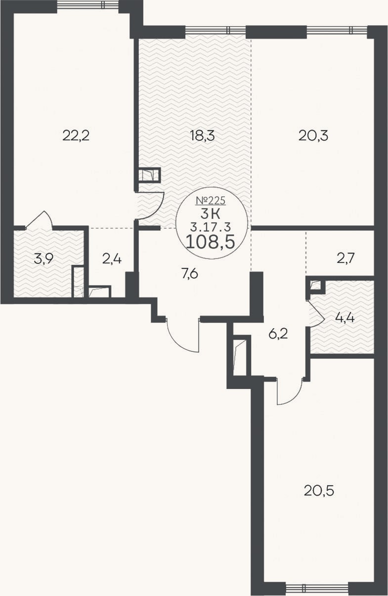 Планировка: 3-к, 108,5 м²