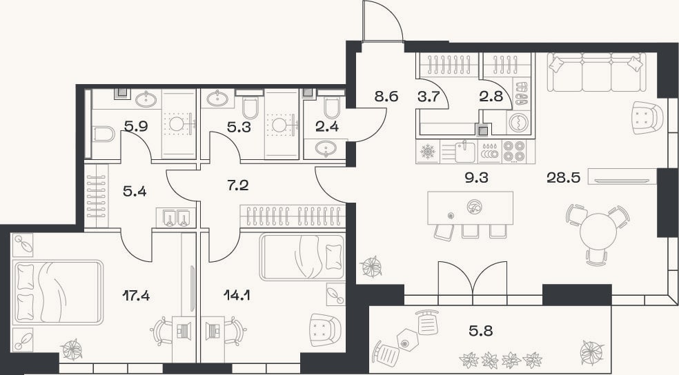 Планировка: 3-к, 110,6 м²