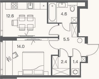 Планировка: 1-к, 40,5 м²