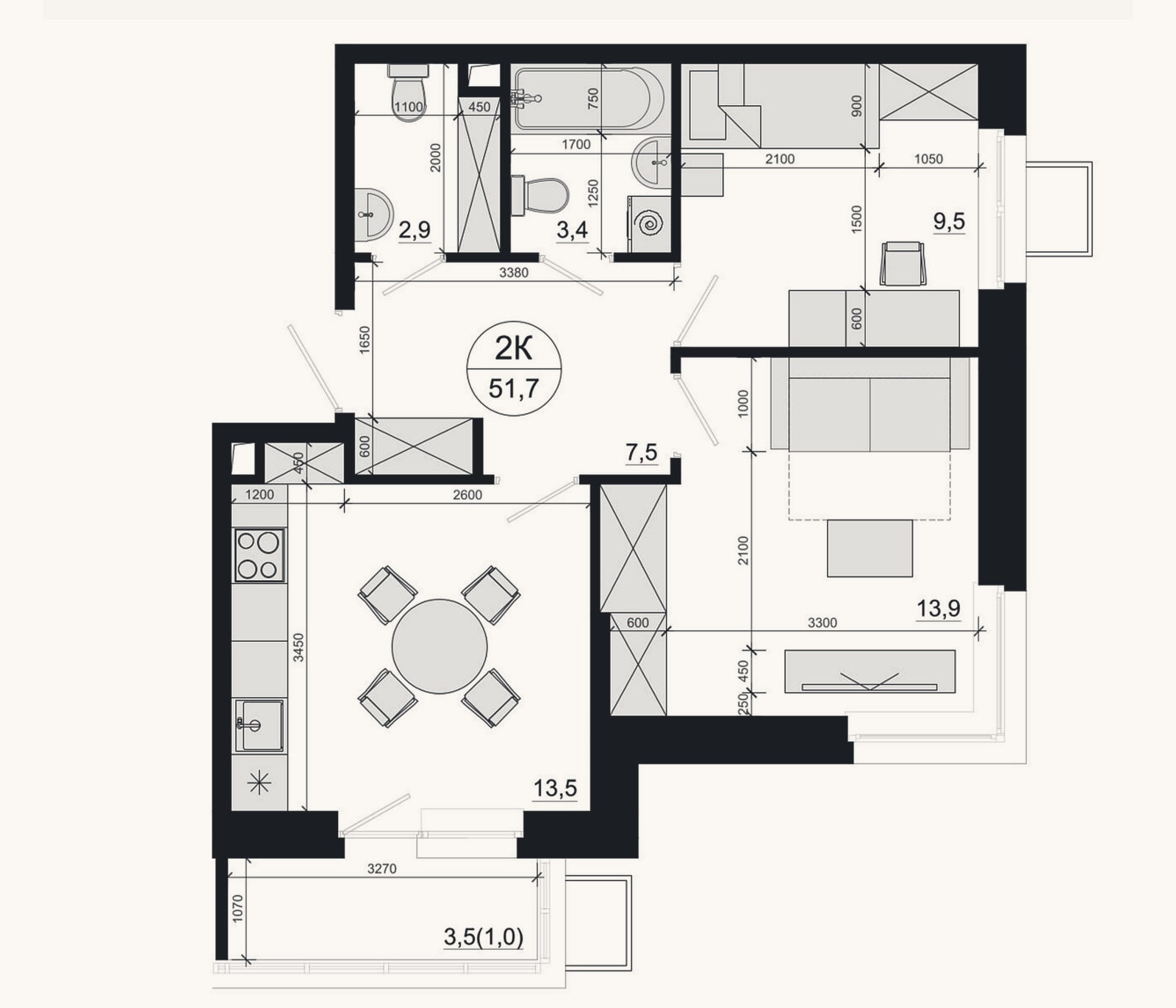 Планировка: 2-к, 51,3 м²