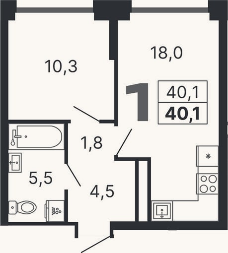 Планировка: 1-к, 40,1 м²
