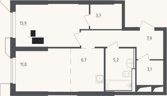 Планировка: 2-к, 51,5 м²