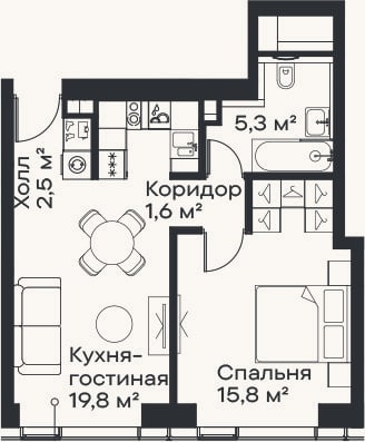 Планировка: 2-к, 45 м²