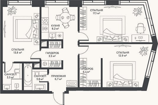 Планировка: 3-к, 75,9 м²
