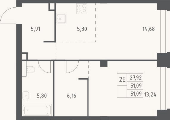 Планировка: 2-к, 51,1 м²