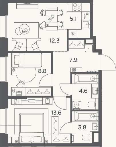 Планировка: 3-к, 56,1 м²