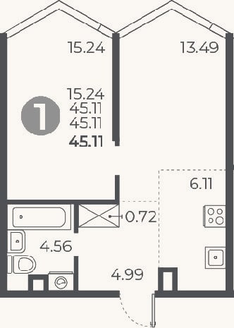 Планировка: 1-к, 45,1 м²