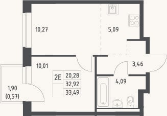 Планировка: 2-к, 32,9 м²