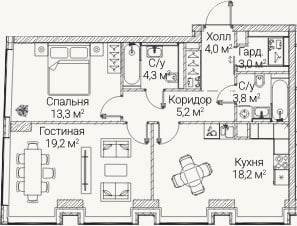 Планировка: 2-к, 71,7 м²