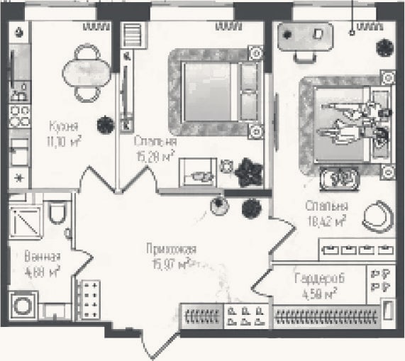 Планировка: 2-к, 70,2 м²