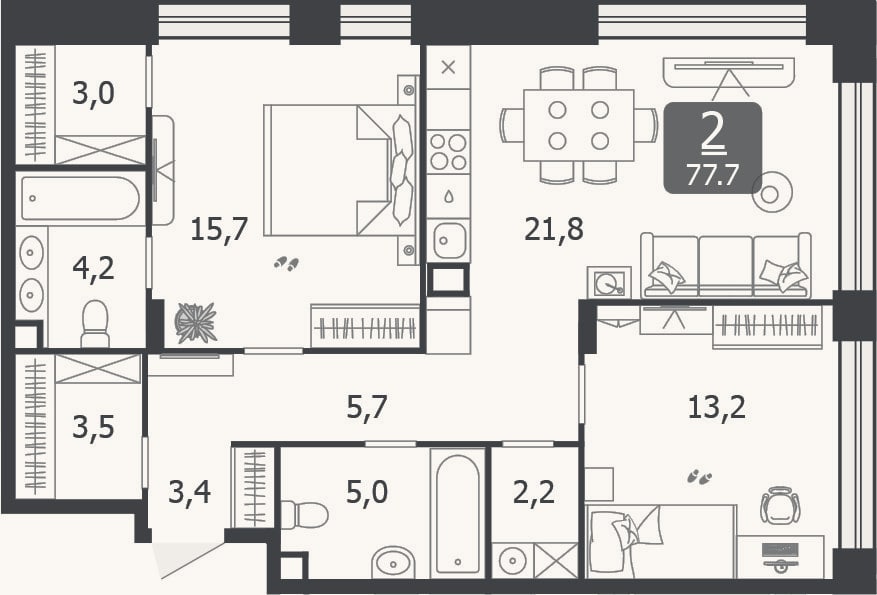 Планировка: 3-к, 77,7 м²