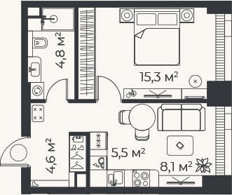 Планировка: 2-к, 38,2 м²