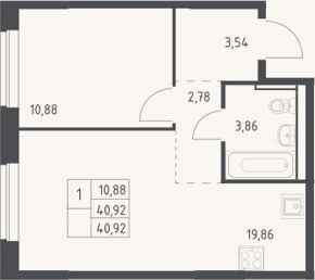 Планировка: 2-к, 40,9 м²