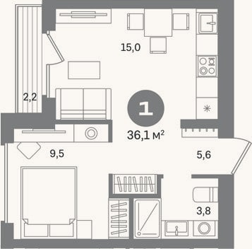 Планировка: 1-к, 33,9 м²