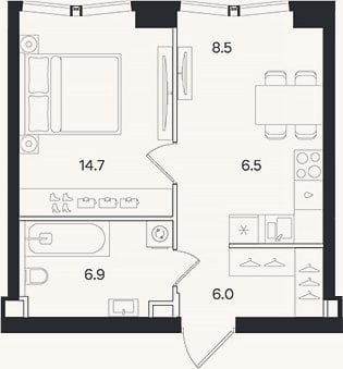 Планировка: 2-к, 42,6 м²