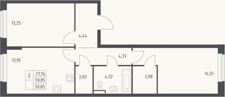 Планировка: 2-к, 59,9 м²