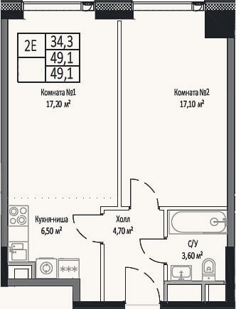 Планировка: 2-к, 49,1 м²