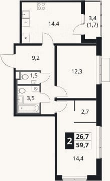 Планировка: 2-к, 58 м²