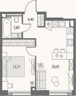 Планировка: 2-к, 41,8 м²